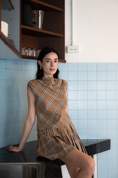 Palit Amie top open shoulder (Brown checkered)